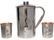Stainless Steel and Pure Copper Water Pitcher with 2 Matching Tumblers for Ayurveda Health Benefits Floral Pattern