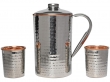 Stainless Steel and Pure Copper Water Pitcher with 2 Matching Tumblers for Ayurveda Health Benefits Hammered Pattern