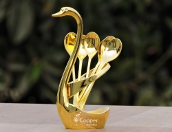 Gold Colored Swan Spoon Stand 6 Spoons and a Stand