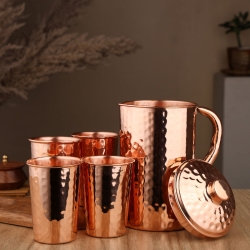 Hammered Copper Pitcher With 4 Tumblers Ayurveda Health Set