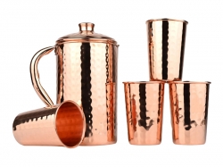 Hammered Copper Pitcher With 4 Tumblers  Ayurveda Health Set
