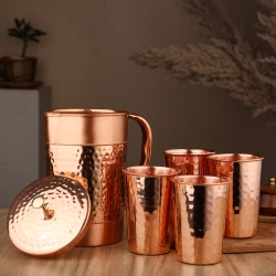 Hammered and Plain Copper Water Set Jug With 4 Tumblers for Ayurv