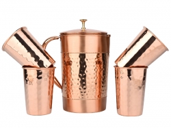 Hammered and Plain Copper Water Set  Jug With 4 Tumblers for Ayur