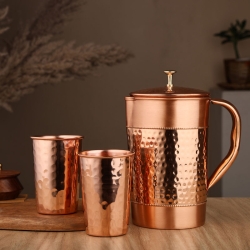Hammered and Plain Pattern Pure Copper Pitcher With Tumblers Ayur