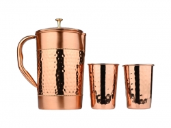 Hammered and Plain Pattern Pure Copper Pitcher  With Tumblers  Ay