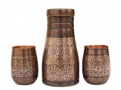 Pure Copper Bedside Carafe with Floral Pattern and a Set of 2 Bar