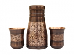 Pure Copper Bedside Carafe with Floral Pattern and a Set of 2 Cur