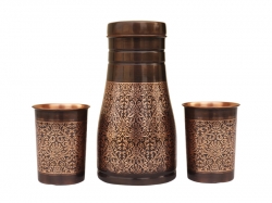 Pure Copper Bedside Carafe with Floral Pattern and a Set of 2 Etc