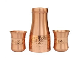 Pure Copper Bedside Hammered and Plain Carafe with a Set of 2 Tum