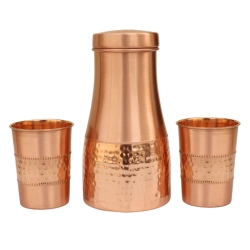 Pure Copper Carafe Flask Hammered and Plain with a Set of 2 Tumbl