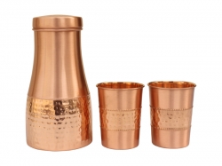 Pure Copper Carafe Flask Hammered and Plain with a Set of 2 Tumbl
