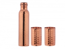 Pure Copper Hammered Bottle with Two Matching Tumblers