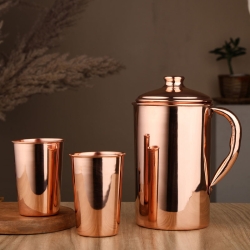 Pure Copper Pitcher 2 Tumblers Set Glossy Finish for Ayurveda