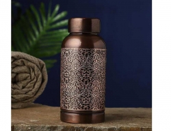 Pure Copper Water Bottle Beautiful Floral Pattern For Ayurveda Health Benefits 600 Ml Capacity