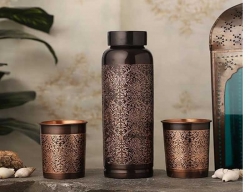 Pure Copper Water Bottle with Tumblers Etching Pattern For Ayurve