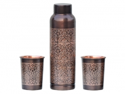 Pure Copper Water Bottle with Tumblers Etching Pattern For Ayurve