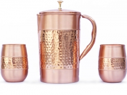 Pure Copper Water Jug with 2 Copper Tumblers Hammered and Plain P