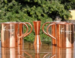 Set of Four Plain Copper Mugs with Copper Jigger