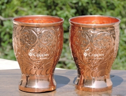 Set of Two Pure Copper Floral Pattern Embossed Tumbler